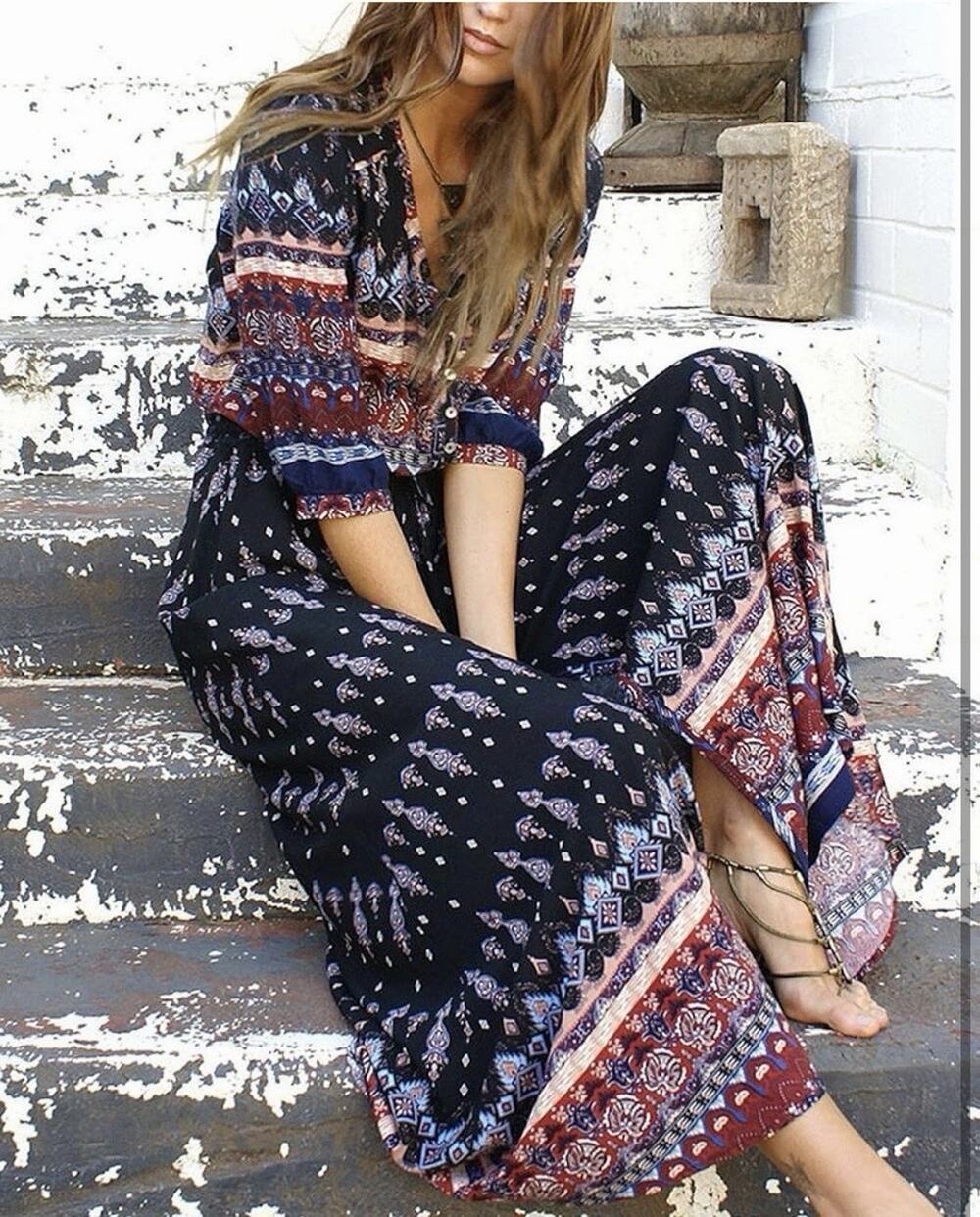 R. Vivimos Boho Maxi Dress /M /Black Paisley Button Front Slit Tie Waist